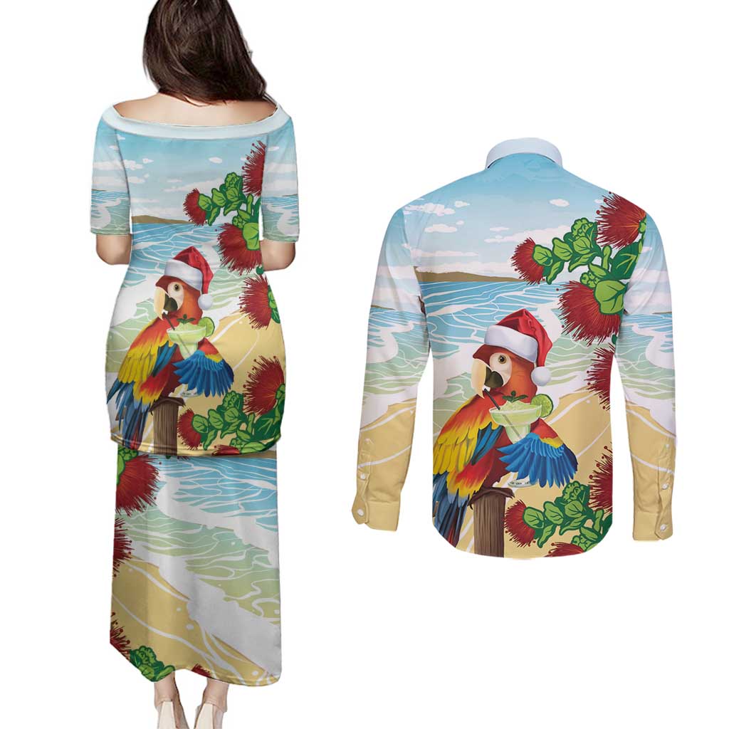 Have A Very Beach Christmas Couples Matching Puletasi and Long Sleeve Button Shirt Parrot By Lehua Flower LT7 - Polynesian Pride