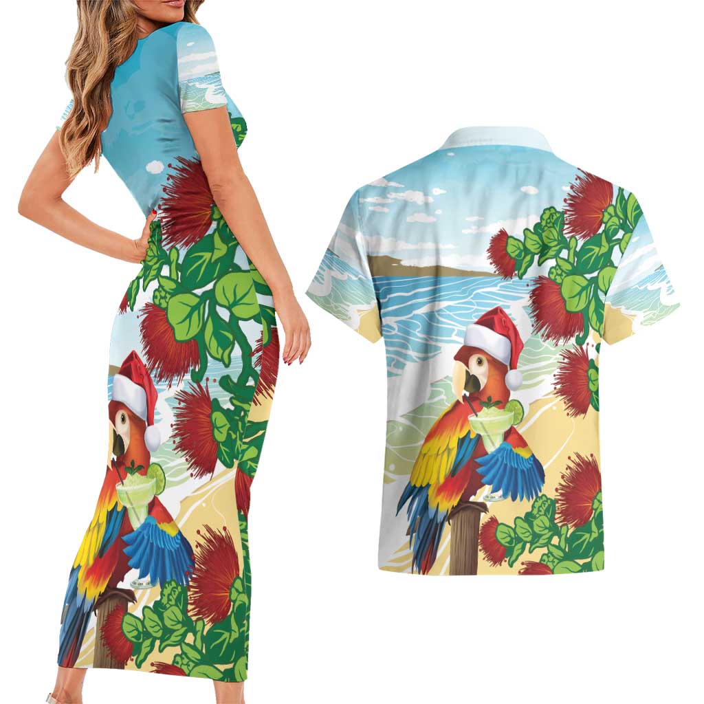 Have A Very Beach Christmas Couples Matching Short Sleeve Bodycon Dress and Hawaiian Shirt Parrot By Lehua Flower - Polynesian Pride