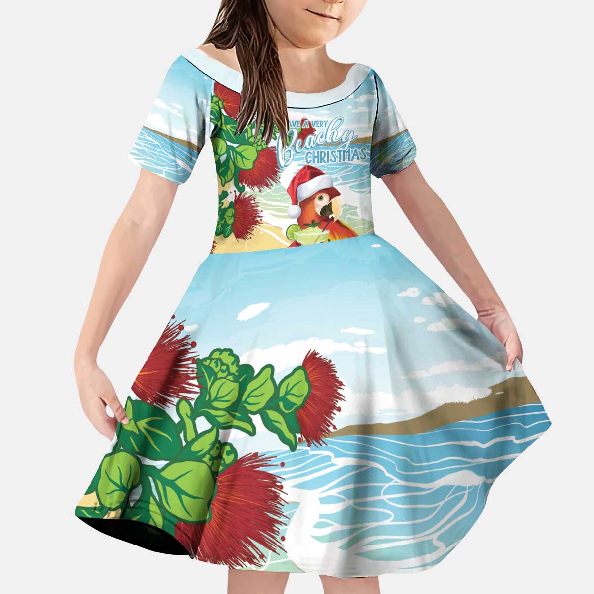 Have A Very Beach Christmas Kid Short Sleeve Dress Parrot By Lehua Flower - Polynesian Pride