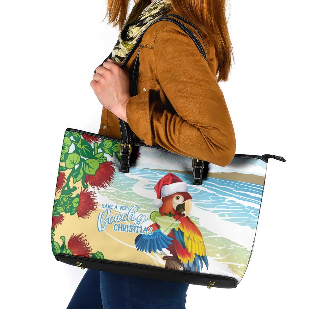 Have A Very Beach Christmas Leather Tote Bag Parrot By Lehua Flower LT7 Art - Polynesian Pride