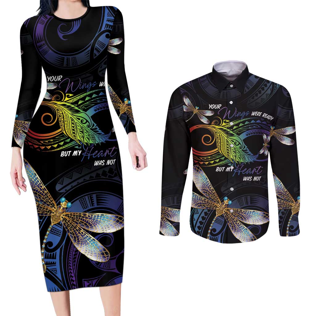 Personalised Polynesian Memorial Couples Matching Long Sleeve Bodycon Dress and Long Sleeve Button Shirt Your Wings Were Ready But My Heart Was Not