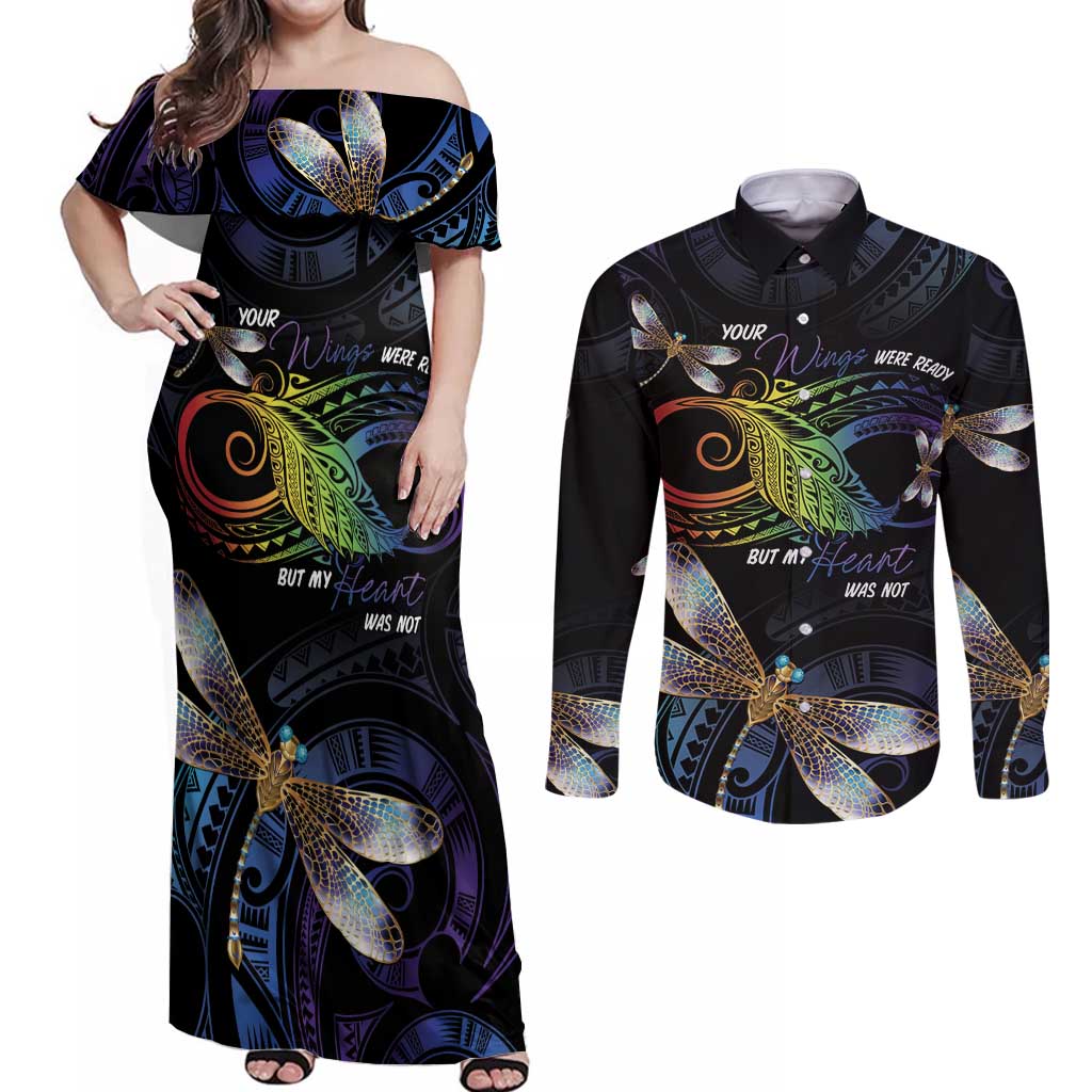 Personalised Polynesian Memorial Couples Matching Off Shoulder Maxi Dress and Long Sleeve Button Shirt Your Wings Were Ready But My Heart Was Not