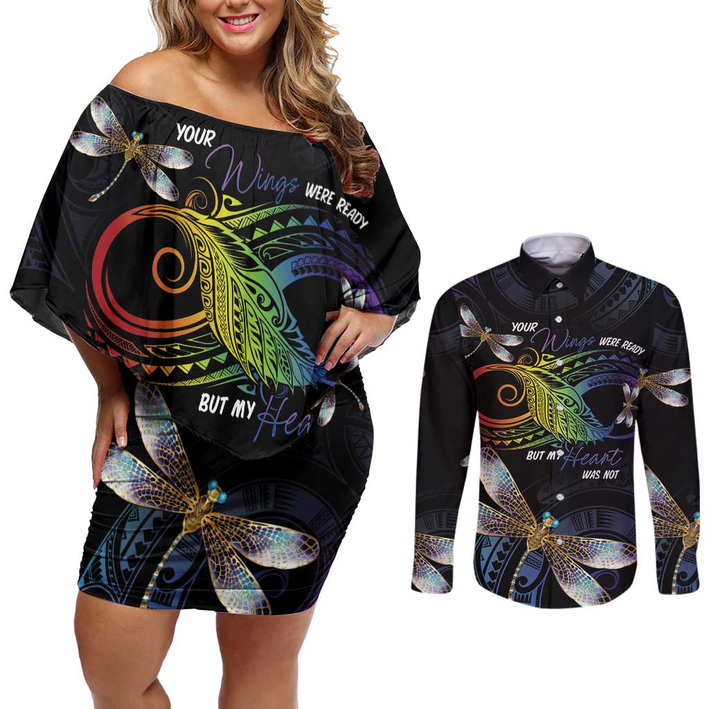 Personalised Polynesian Memorial Couples Matching Off Shoulder Short Dress and Long Sleeve Button Shirt Your Wings Were Ready But My Heart Was Not