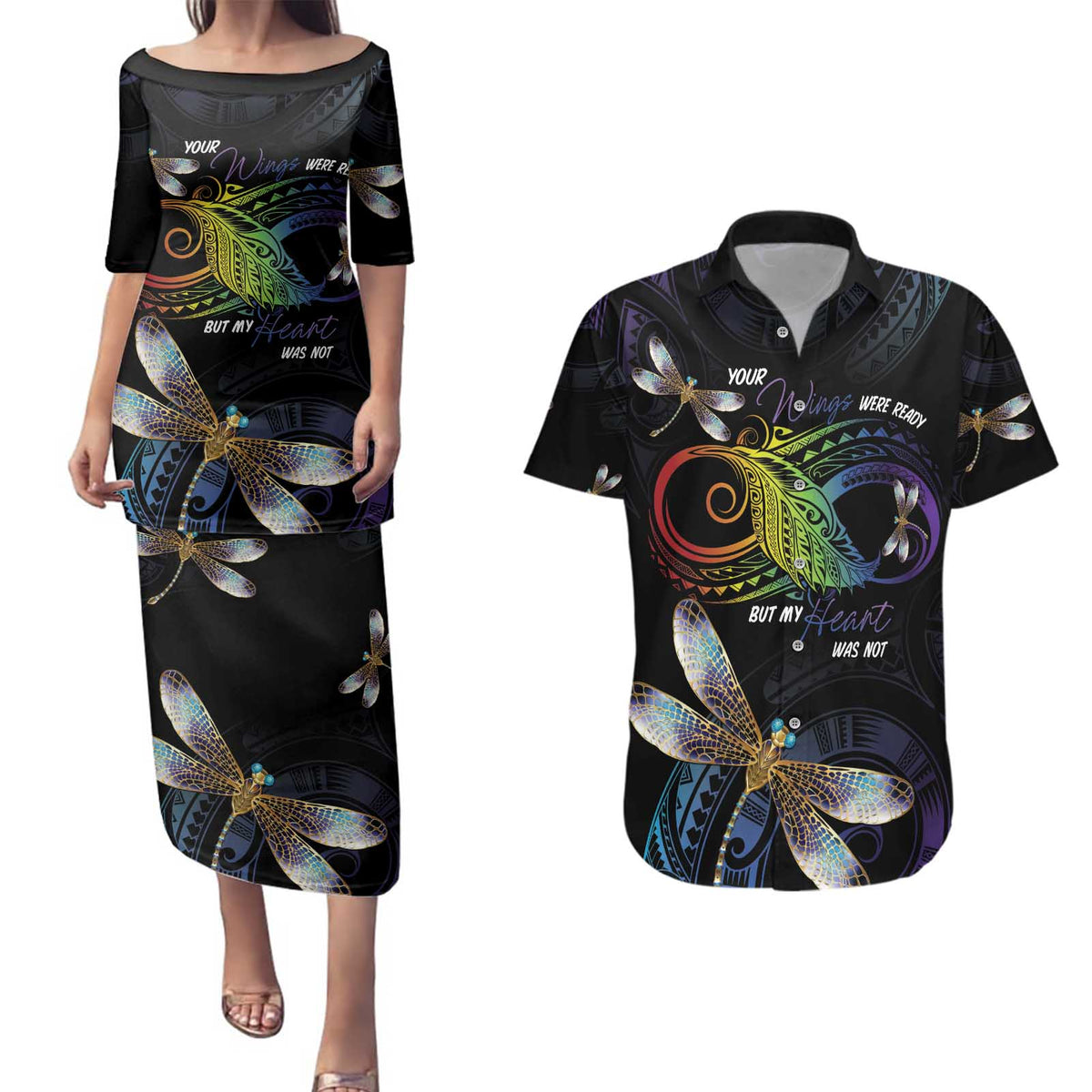 Personalised Polynesian Memorial Couples Matching Puletasi and Hawaiian Shirt Your Wings Were Ready But My Heart Was Not