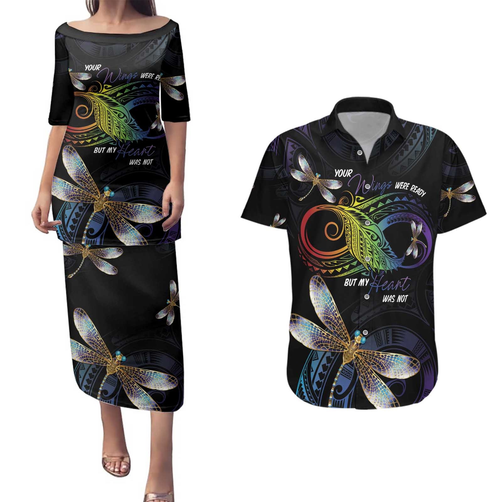 Personalised Polynesian Memorial Couples Matching Puletasi and Hawaiian Shirt Your Wings Were Ready But My Heart Was Not