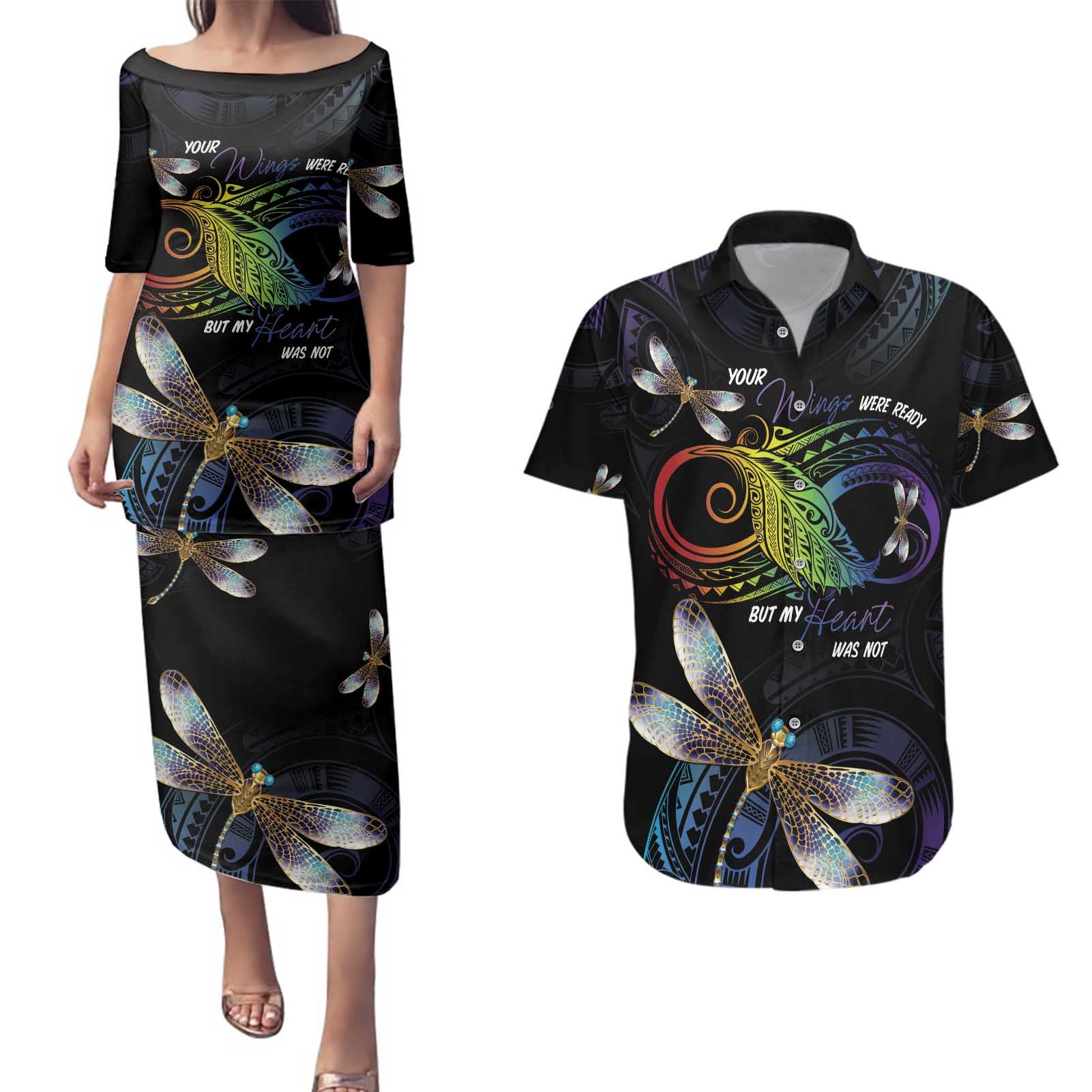Personalised Polynesian Memorial Couples Matching Puletasi and Hawaiian Shirt Your Wings Were Ready But My Heart Was Not