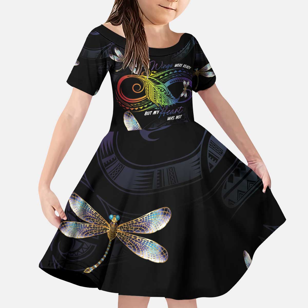 Personalised Polynesian Memorial Kid Short Sleeve Dress Your Wings Were Ready But My Heart Was Not LT7 KID Black - Polynesian Pride