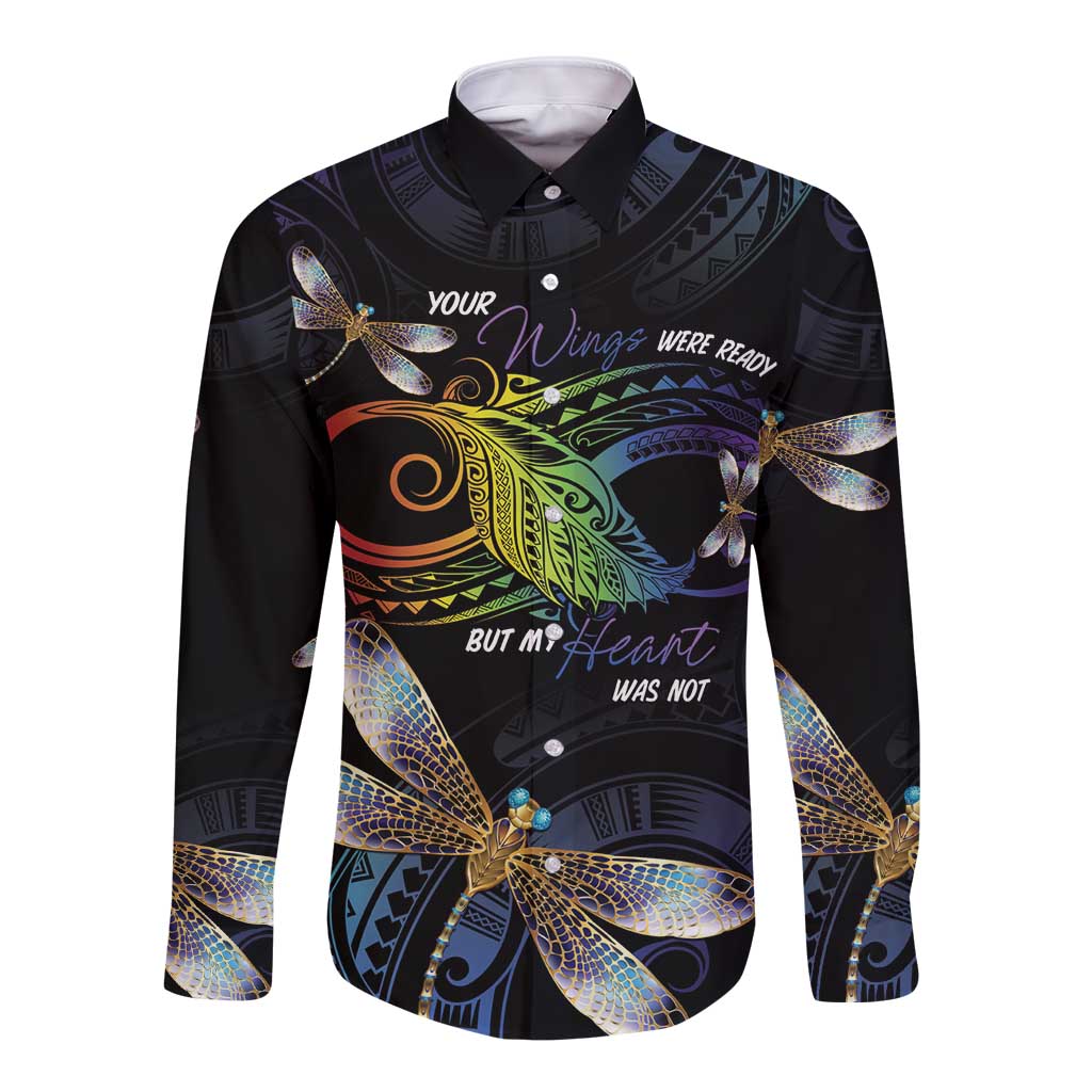 Personalised Polynesian Memorial Long Sleeve Button Shirt Your Wings Were Ready But My Heart Was Not LT7 Unisex Black - Polynesian Pride