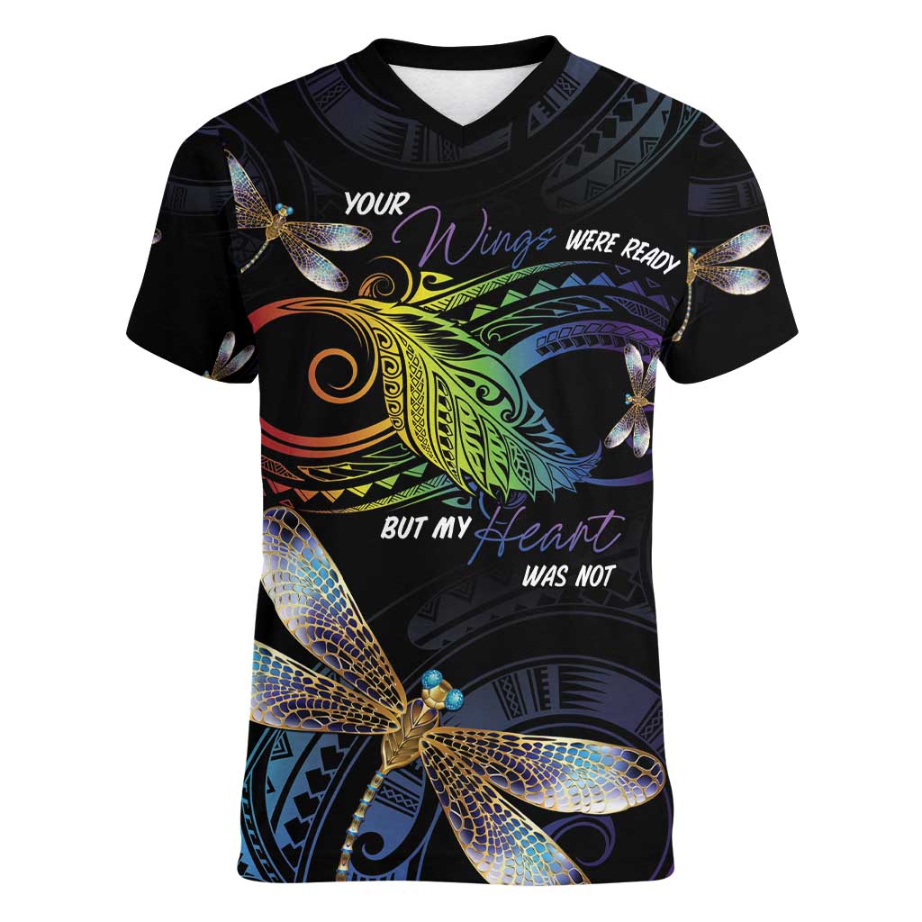 Personalised Polynesian Memorial Women V-Neck T-Shirt Your Wings Were Ready But My Heart Was Not LT7 Female Black - Polynesian Pride