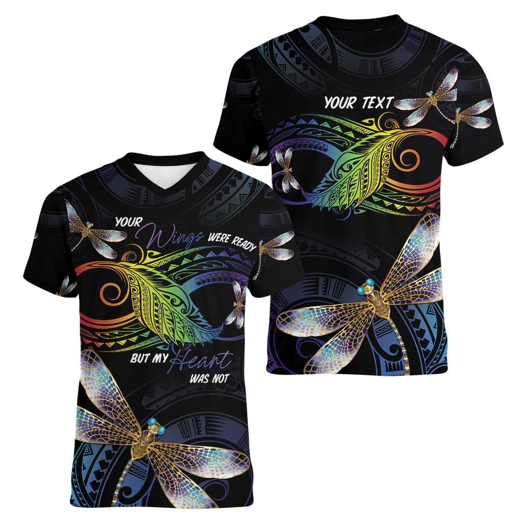 Personalised Polynesian Memorial Women V-Neck T-Shirt Your Wings Were Ready But My Heart Was Not LT7 - Polynesian Pride