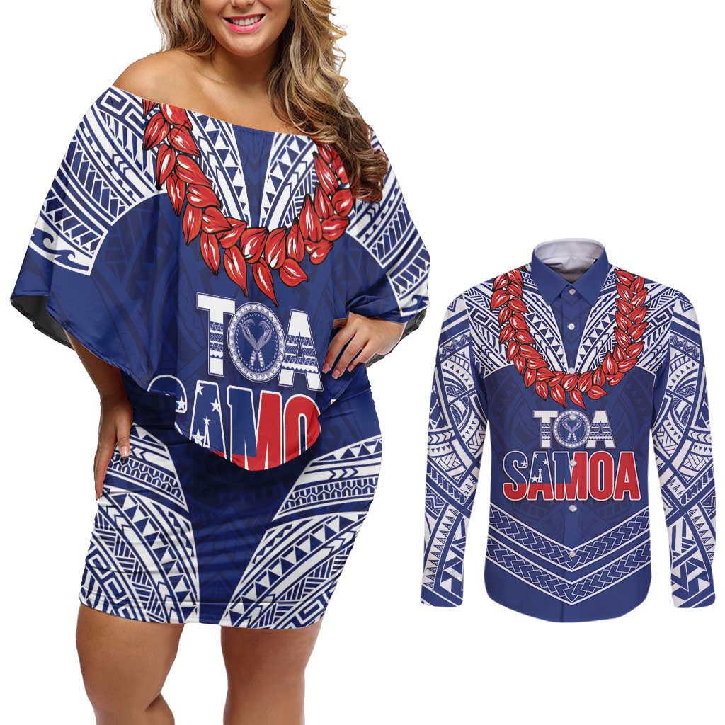 Toa Samoa Rugby Custom Couples Matching Off Shoulder Short Dress and Long Sleeve Button Shirt Ulafala Mix Nifo'oti - Polynesian Pride