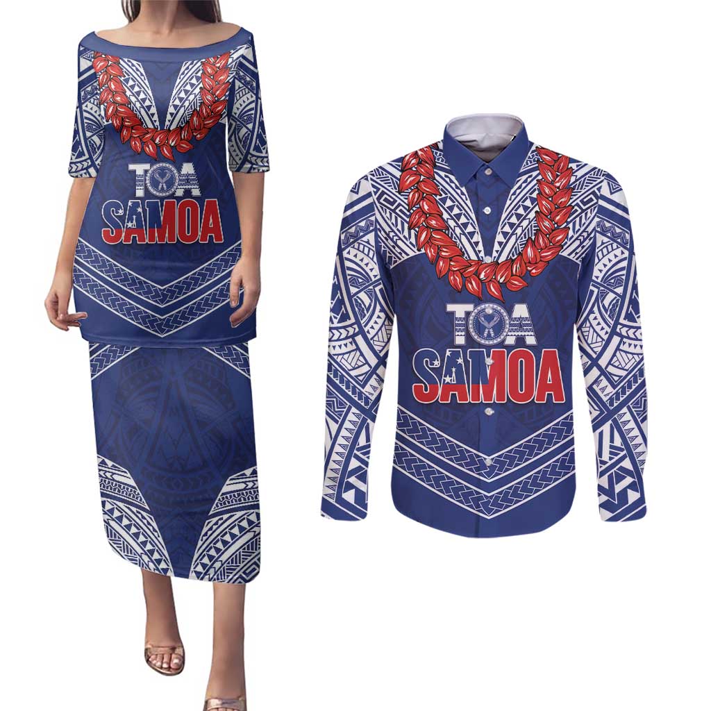 Toa Samoa Rugby Custom Couples Matching Puletasi and Long Sleeve Button Shirt Ulafala Mix Nifo'oti - Polynesian Pride