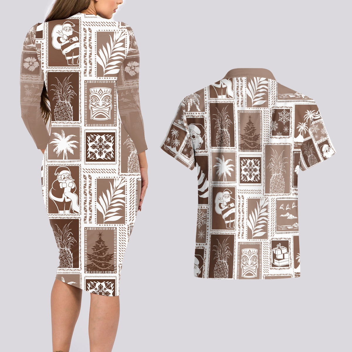 Hawaii Christmas Retro Patchwork Couples Matching Long Sleeve Bodycon Dress and Hawaiian Shirt Brown LT7 - Polynesian Pride