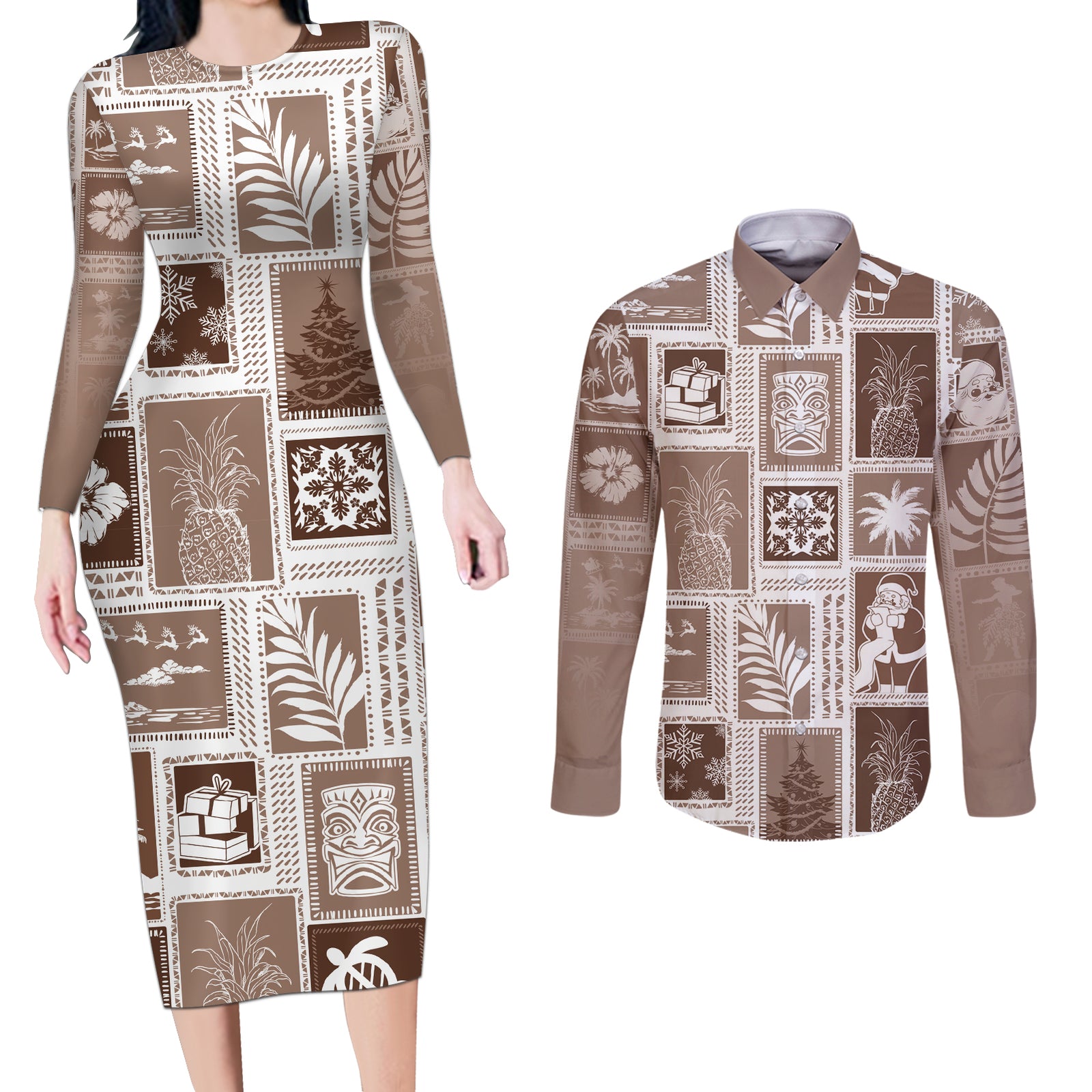 Hawaii Christmas Retro Patchwork Couples Matching Long Sleeve Bodycon Dress and Long Sleeve Button Shirt Brown LT7 Brown - Polynesian Pride