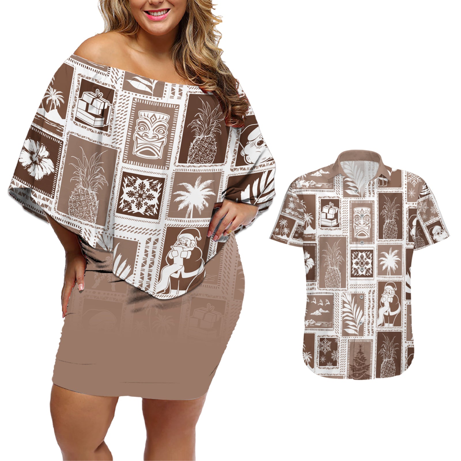 Hawaii Christmas Retro Patchwork Couples Matching Off Shoulder Short Dress and Hawaiian Shirt Brown LT7 Brown - Polynesian Pride