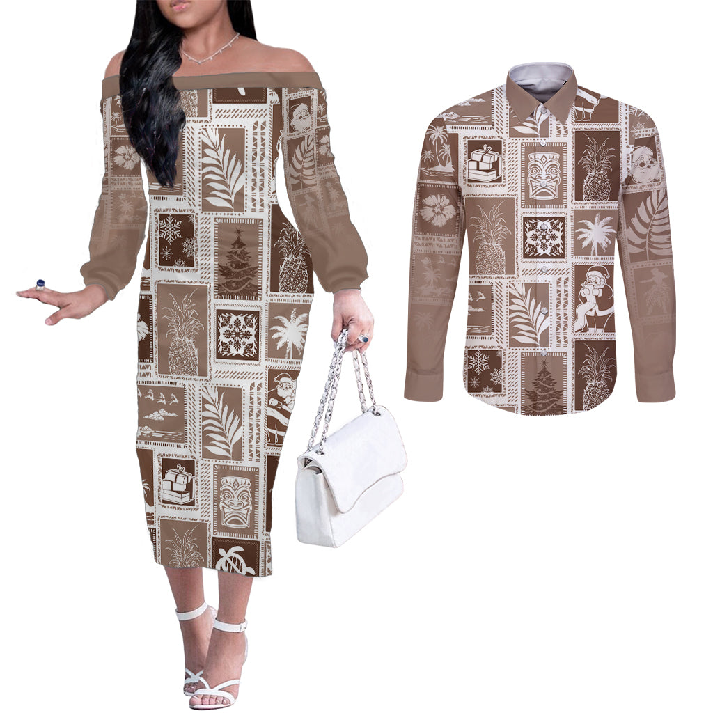 Hawaii Christmas Retro Patchwork Couples Matching Off The Shoulder Long Sleeve Dress and Long Sleeve Button Shirt Brown LT7 Brown - Polynesian Pride