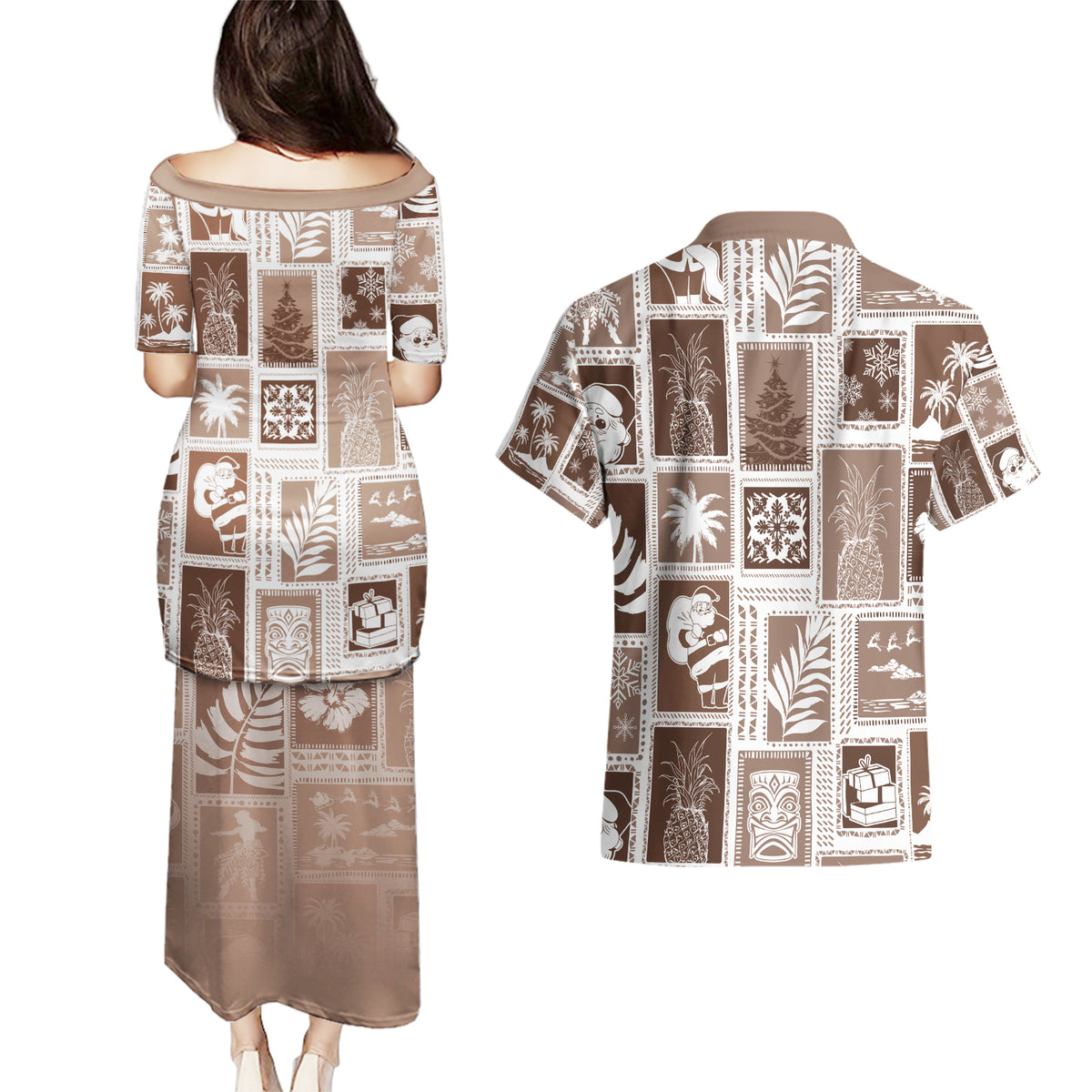 Hawaii Christmas Retro Patchwork Couples Matching Puletasi Dress and Hawaiian Shirt Brown LT7 - Polynesian Pride