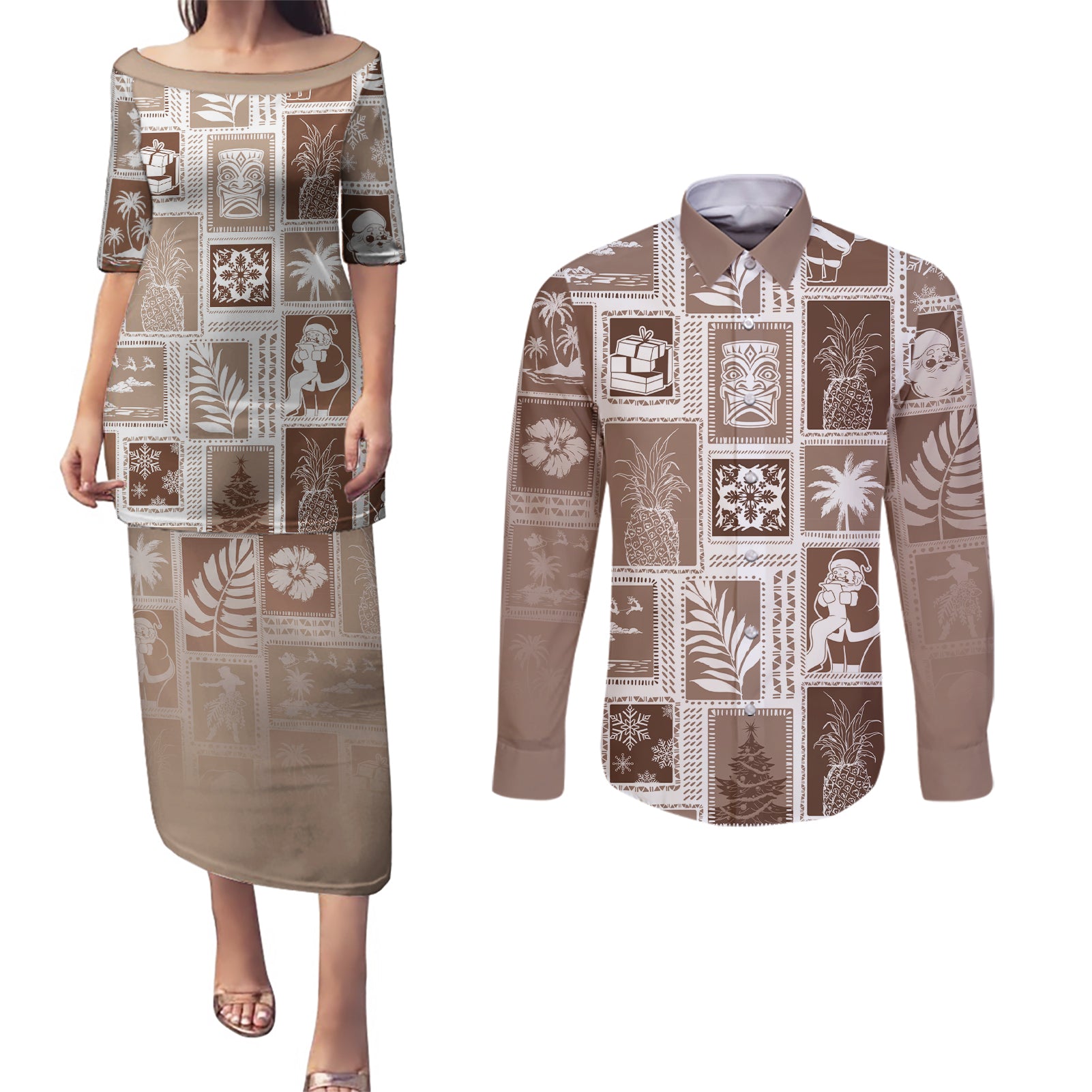 Hawaii Christmas Retro Patchwork Couples Matching Puletasi Dress and Long Sleeve Button Shirt Brown LT7 Brown - Polynesian Pride