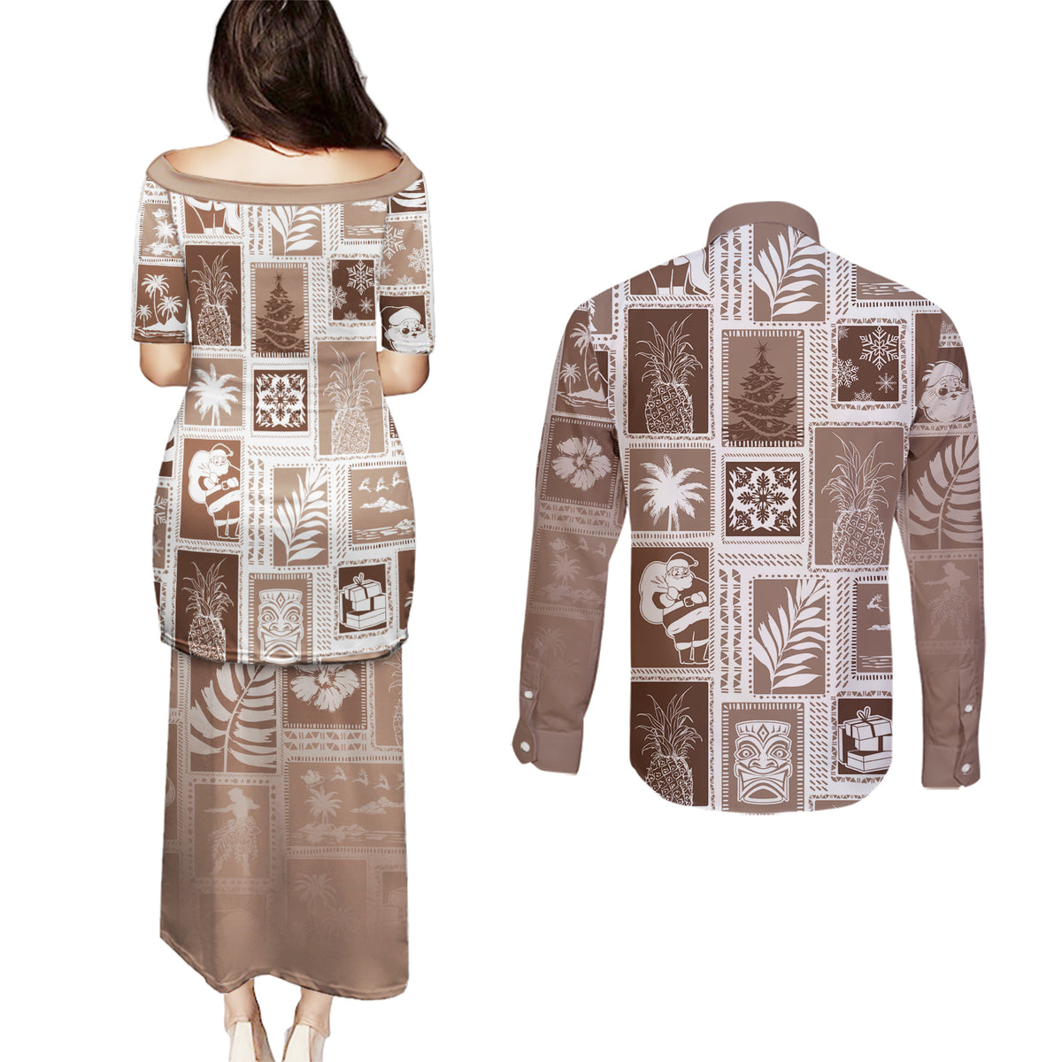 Hawaii Christmas Retro Patchwork Couples Matching Puletasi Dress and Long Sleeve Button Shirt Brown LT7 - Polynesian Pride