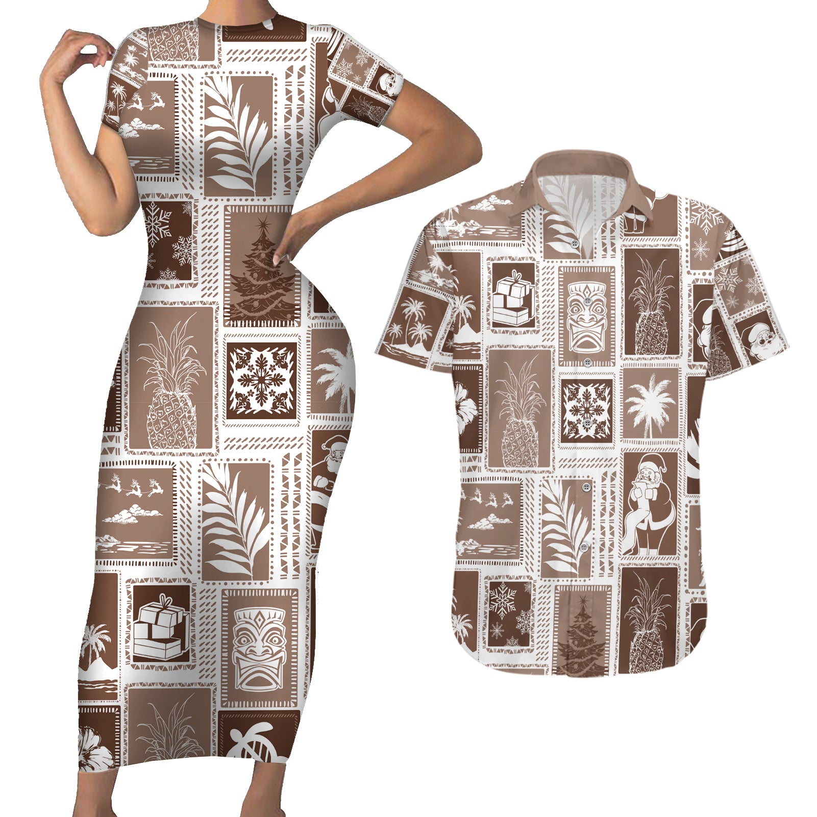 Hawaii Christmas Retro Patchwork Couples Matching Short Sleeve Bodycon Dress and Hawaiian Shirt Brown LT7 Brown - Polynesian Pride