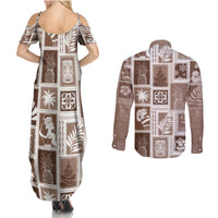 Hawaii Christmas Retro Patchwork Couples Matching Summer Maxi Dress and Long Sleeve Button Shirt Brown LT7 - Polynesian Pride