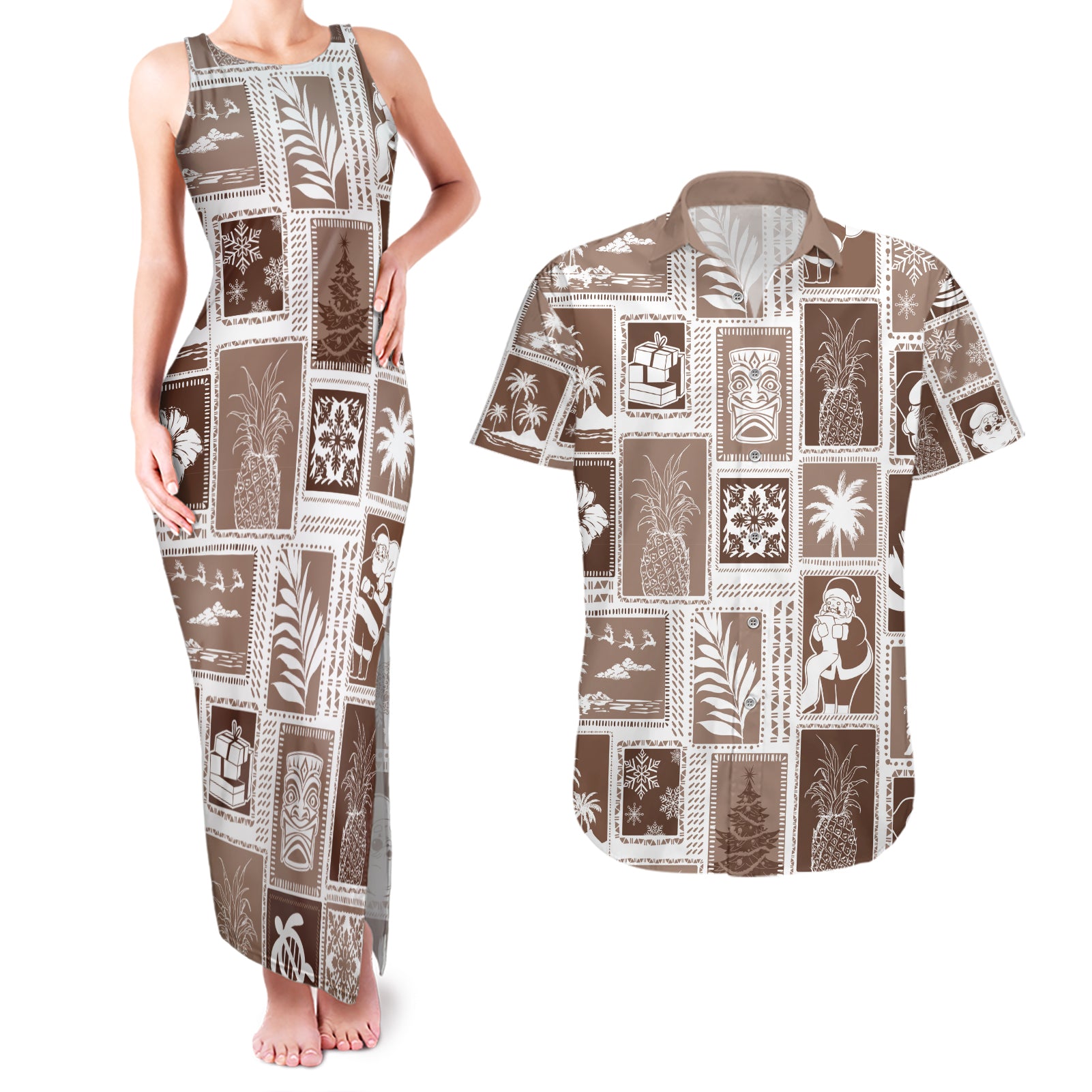 Hawaii Christmas Retro Patchwork Couples Matching Tank Maxi Dress and Hawaiian Shirt Brown LT7 Brown - Polynesian Pride