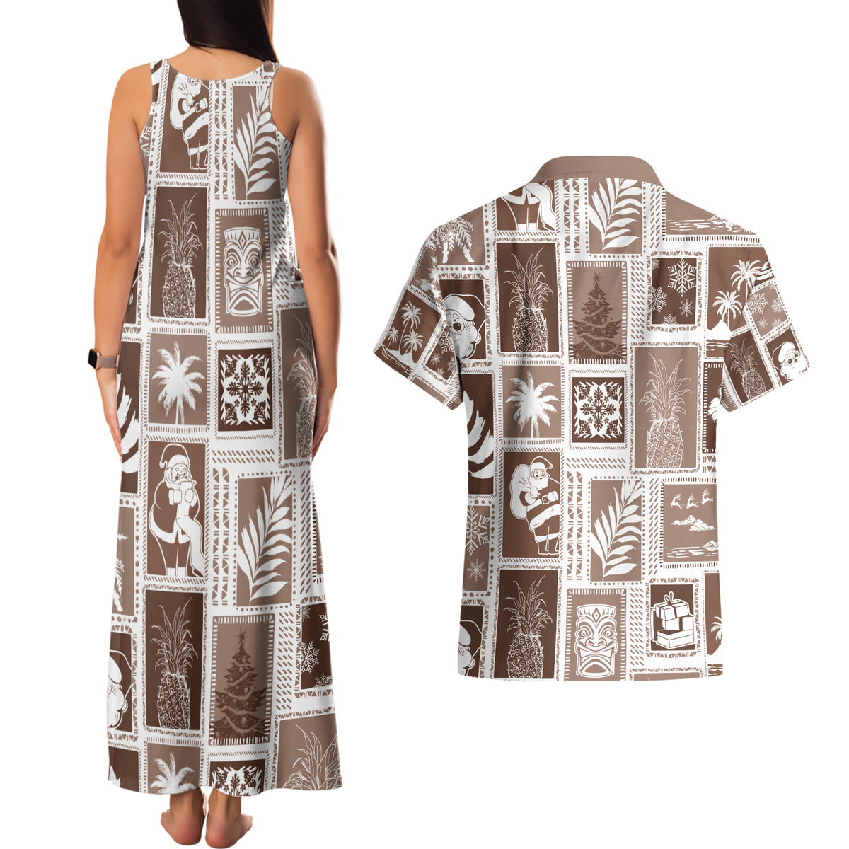 Hawaii Christmas Retro Patchwork Couples Matching Tank Maxi Dress and Hawaiian Shirt Brown LT7 - Polynesian Pride