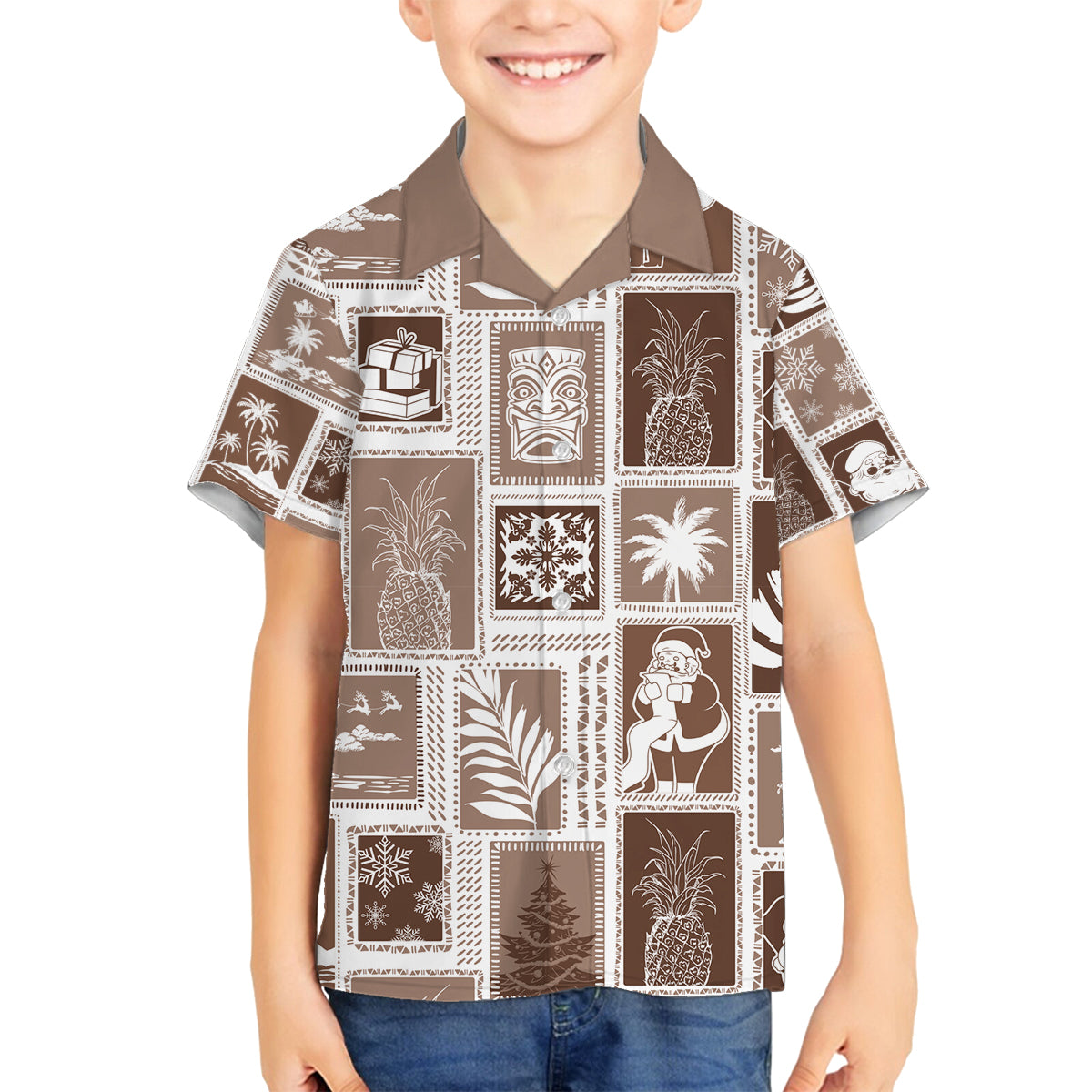 Hawaii Christmas Retro Patchwork Family Matching Off Shoulder Long Sleeve Dress and Hawaiian Shirt Brown LT7 Son's Shirt Brown - Polynesian Pride
