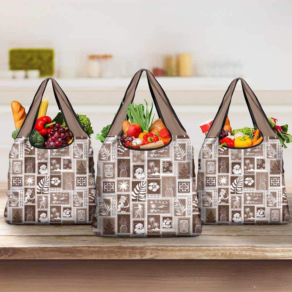 Hawaii Christmas Retro Patchwork Grocery Bag Brown