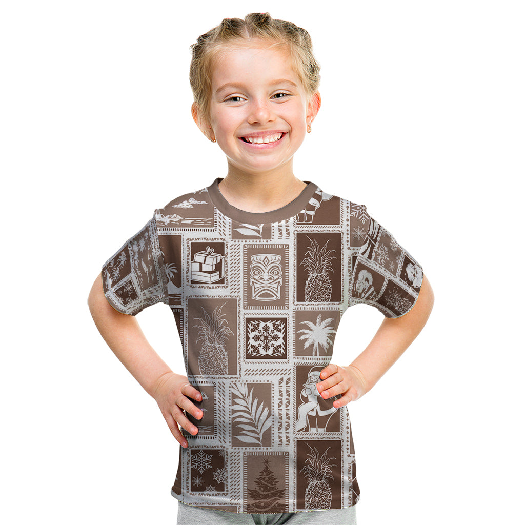 Hawaii Christmas Retro Patchwork Kid T Shirt Brown LT7 Brown - Polynesian Pride