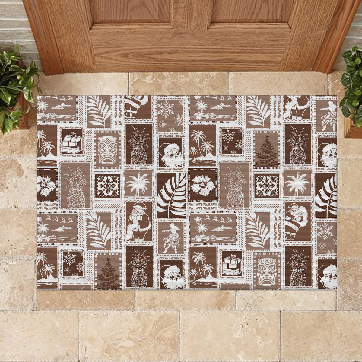 Hawaii Christmas Retro Patchwork Rubber Doormat Brown LT7 - Polynesian Pride