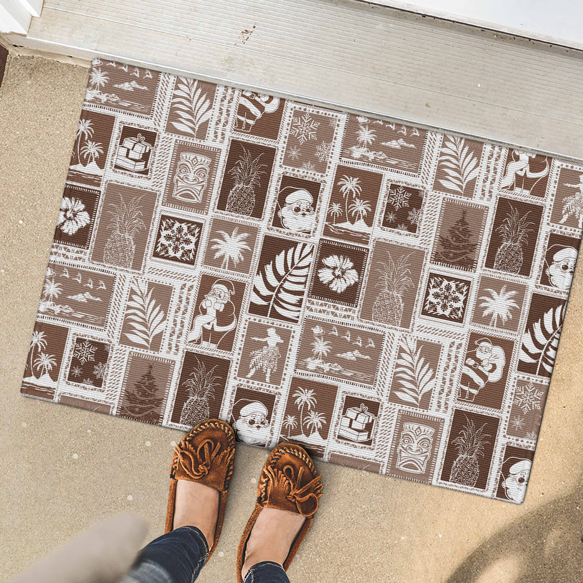 Hawaii Christmas Retro Patchwork Rubber Doormat Brown LT7 - Polynesian Pride