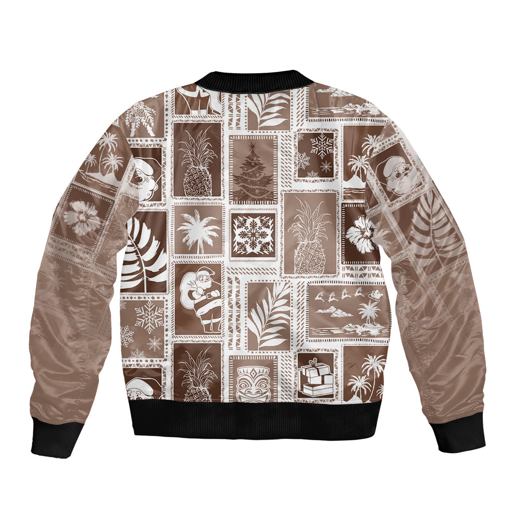 Hawaii Christmas Retro Patchwork Sleeve Zip Bomber Jacket Brown LT7 - Polynesian Pride