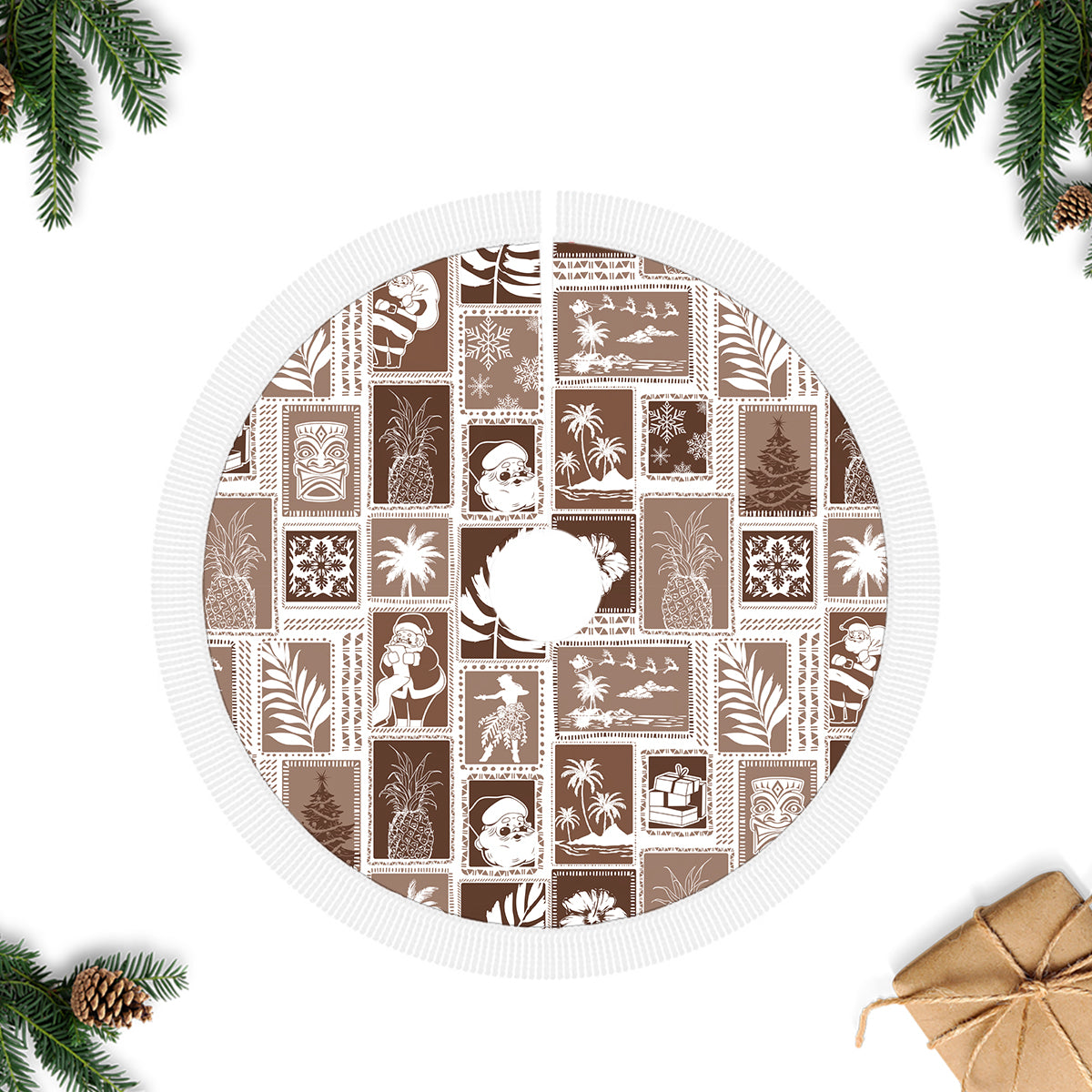 Hawaii Christmas Tree Skirt Retro Patchwork - Brown LT7 Fringed Tree Skirts Brown - Polynesian Pride