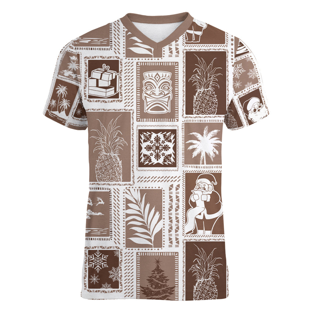 Hawaii Christmas Retro Patchwork Women V Neck T Shirt Brown LT7 Female Brown - Polynesian Pride