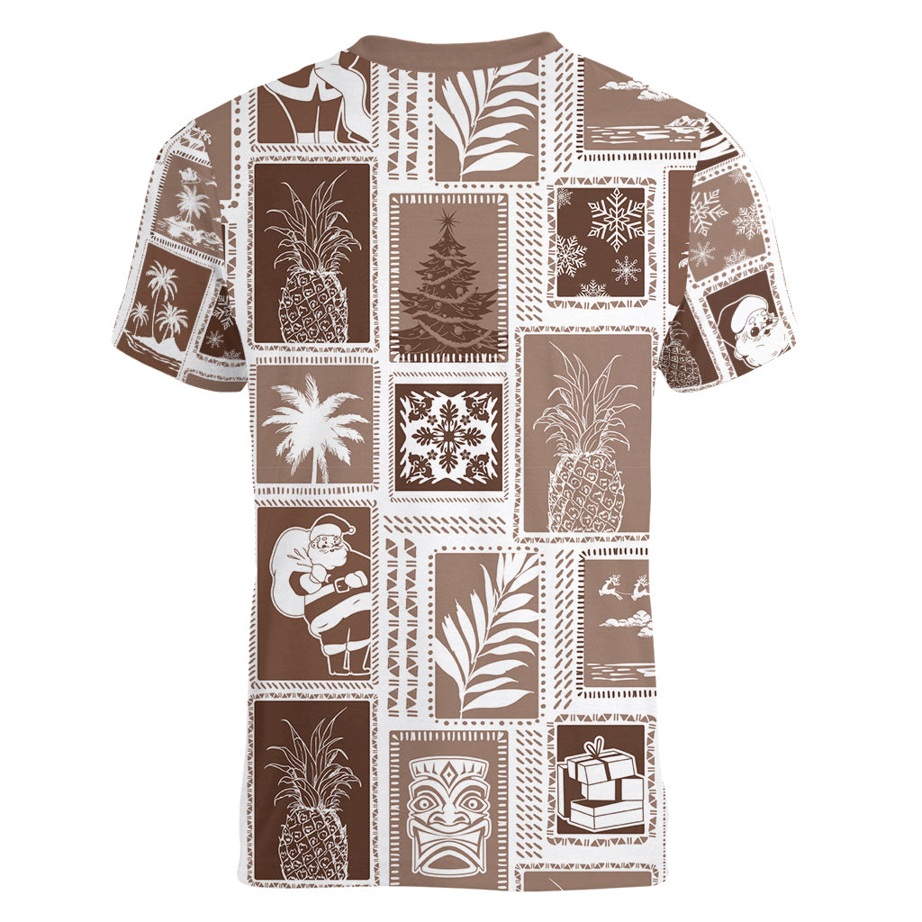 Hawaii Christmas Retro Patchwork Women V Neck T Shirt Brown LT7 - Polynesian Pride