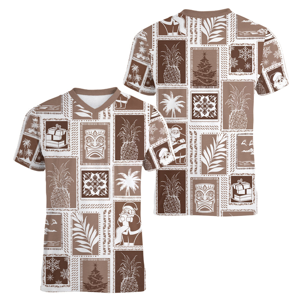 Hawaii Christmas Retro Patchwork Women V Neck T Shirt Brown LT7 - Polynesian Pride