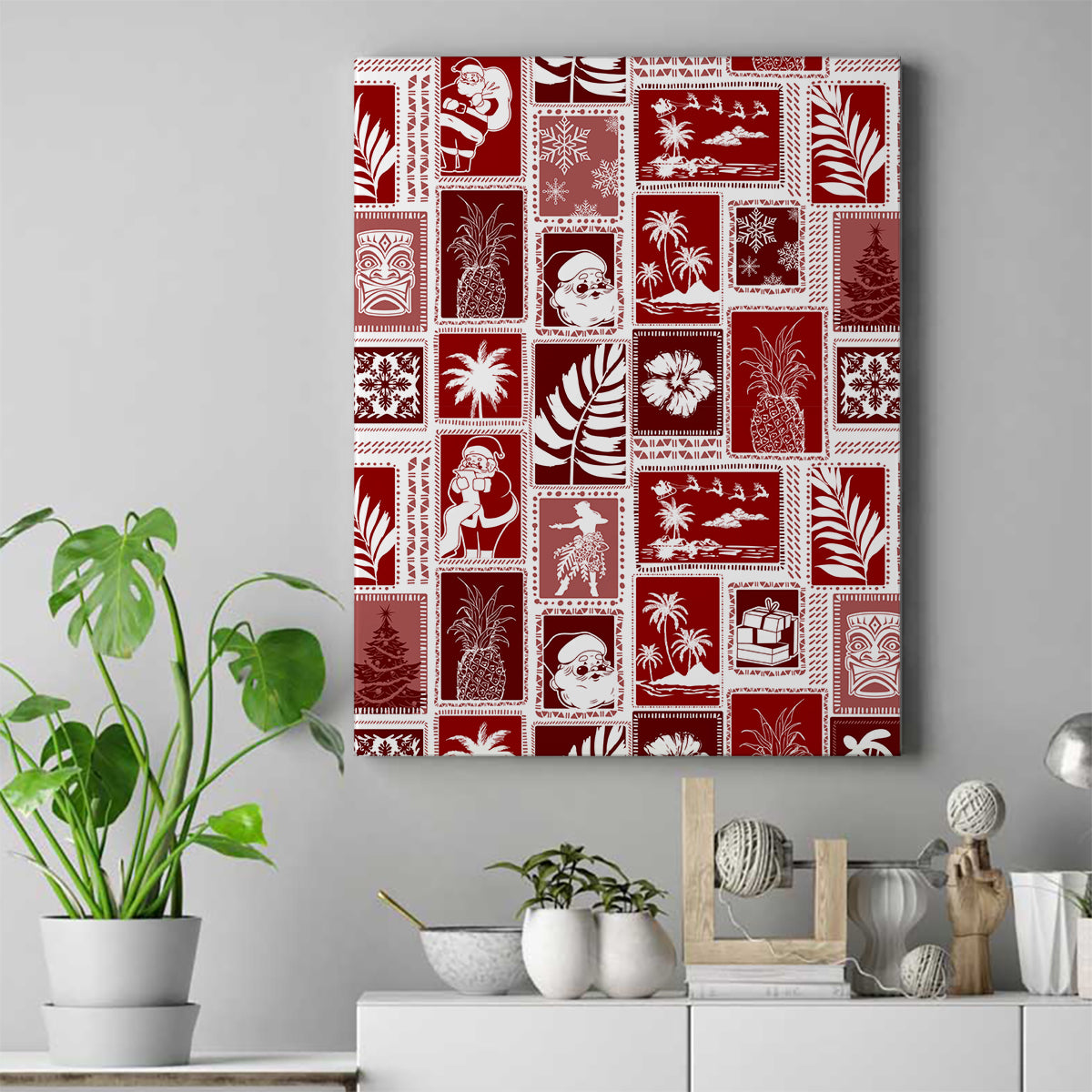 Hawaii Christmas Retro Patchwork Canvas Wall Art Red LT7 Red - Polynesian Pride