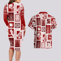 Hawaii Christmas Retro Patchwork Couples Matching Long Sleeve Bodycon Dress and Hawaiian Shirt Red LT7 - Polynesian Pride