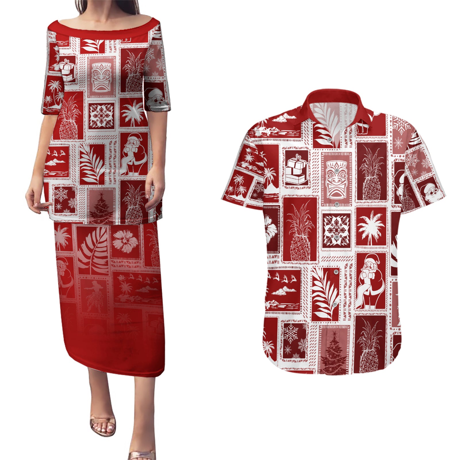 Hawaii Christmas Retro Patchwork Couples Matching Puletasi Dress and Hawaiian Shirt Red LT7 Red - Polynesian Pride