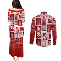 Hawaii Christmas Retro Patchwork Couples Matching Puletasi Dress and Long Sleeve Button Shirt Red LT7 - Polynesian Pride