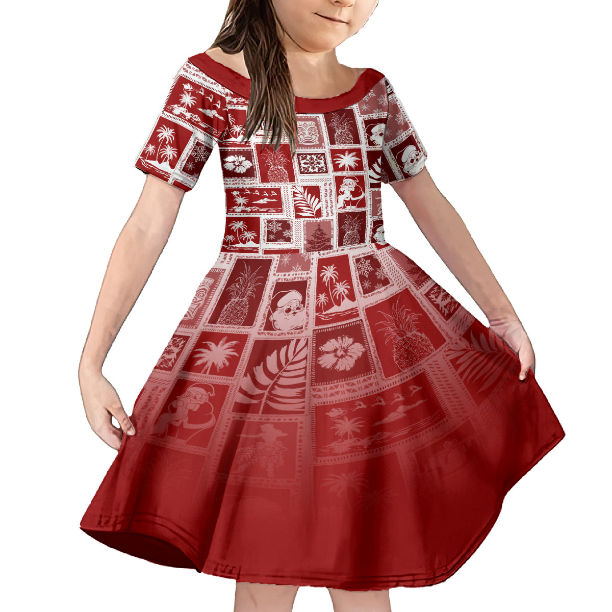 Hawaii Christmas Retro Patchwork Kid Short Sleeve Dress Red LT7 KID Red - Polynesian Pride