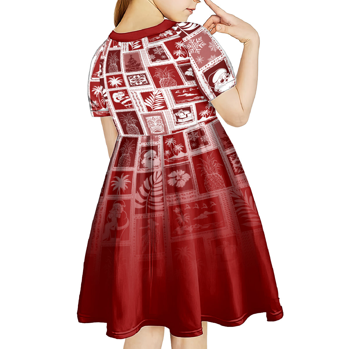 Hawaii Christmas Retro Patchwork Kid Short Sleeve Dress Red LT7 - Polynesian Pride