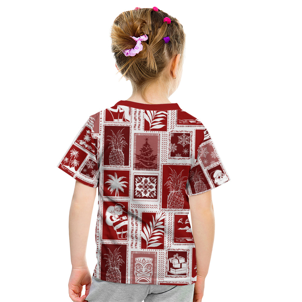Hawaii Christmas Retro Patchwork Kid T Shirt Red LT7 - Polynesian Pride