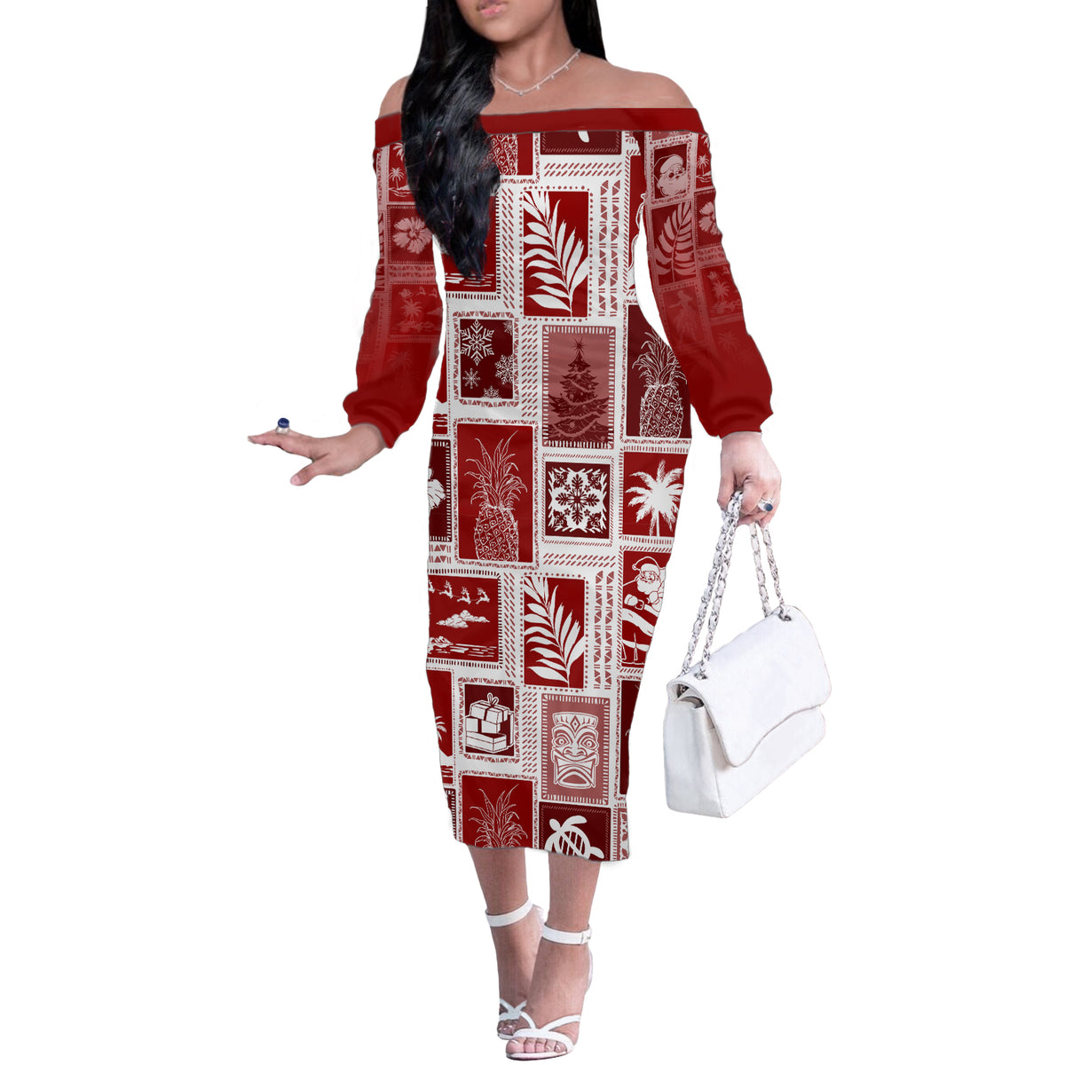Hawaii Christmas Retro Patchwork Off The Shoulder Long Sleeve Dress Red LT7 Women Red - Polynesian Pride
