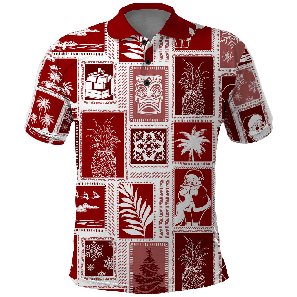 Hawaii Christmas Retro Patchwork Polo Shirt Red LT7 Red - Polynesian Pride