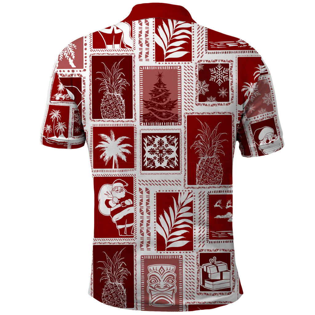 Hawaii Christmas Retro Patchwork Polo Shirt Red LT7 - Polynesian Pride