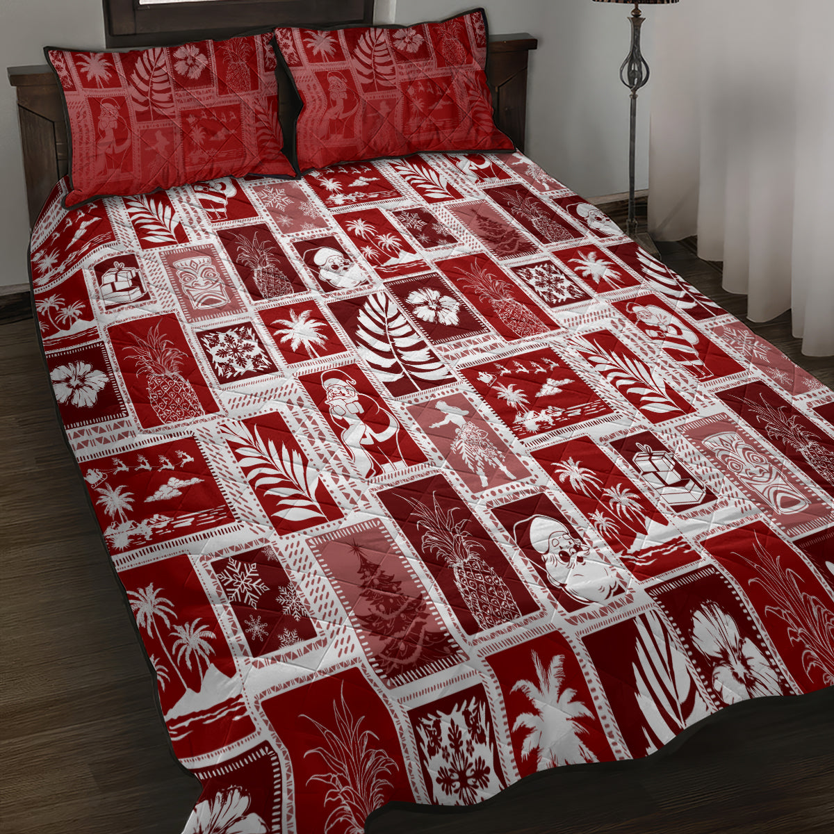 Hawaii Christmas Retro Patchwork Quilt Bed Set Red LT7 - Polynesian Pride