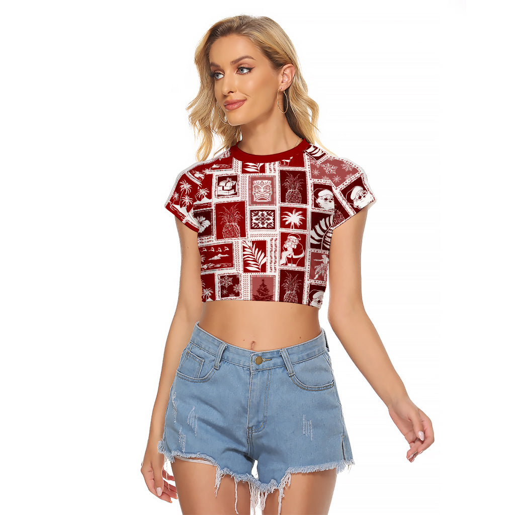 Hawaii Christmas Retro Patchwork Raglan Cropped T Shirt Red LT7 Female Red - Polynesian Pride