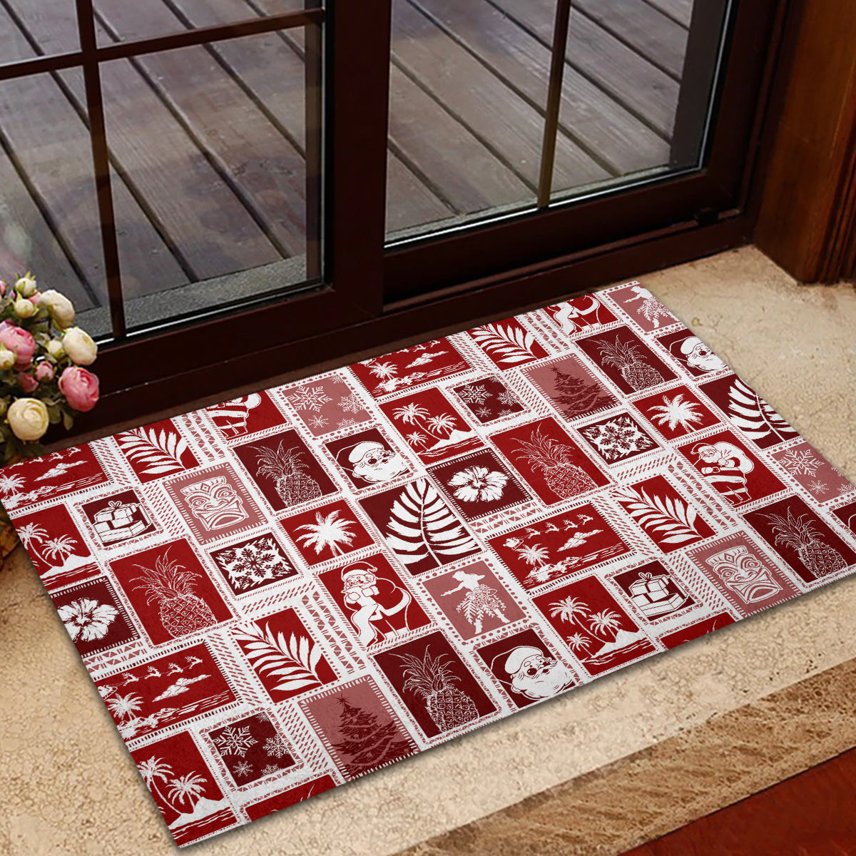 Hawaii Christmas Retro Patchwork Rubber Doormat Red LT7 - Polynesian Pride